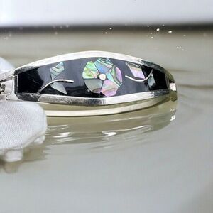 Vintage Alpaca Mexico Women's Bracelet Abalone Shell Floral‎ Silver Tone Signed